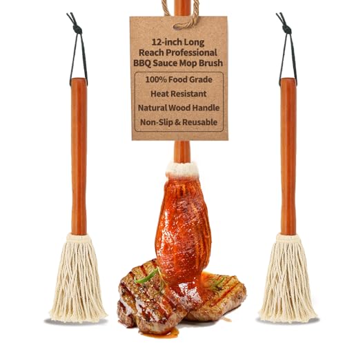 Grill-Mops-Zubehör zum Räuchern oder Grillen, zum Auftragen von Grill-Sauce, Marinade oder Mop-Sauce, saugfähiger Kopf aus 100 % Baumwolle, 30,5 cm Griff aus natürlichem Hartholz, spülmaschinenfest von TOPULORS