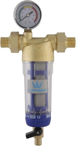 TOPWAY Wasservorfilter waschbar und wiederverwendbar Sediment-Wasserfilter Wasserhahn Wasserfilter Osmose Vorfilter Edelstahl 60 Mikron, mit Manometer 150203 von TOPWAY