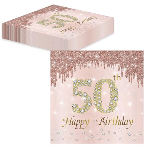 TOPWAYS 50 Geburtstagsdeko Servietten 60 Stück, Roségold Papier Party Servietten Tischdeko für 50. Geburtstag Mädchen Frau Frauen Party Happy Birthday Servietten Decorations (50) von TOPWAYS