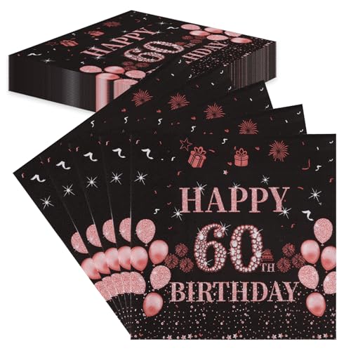 TOPWAYS 60 Geburtstagsdeko Servietten, 60Stück Schwarz Roségold Papier Party Servietten Tischdeko für Sie 60. Geburtstag Mädchen Frau Frauen Happy Birthday Servietten Tischdekoration (Geburtstag 60) von TOPWAYS