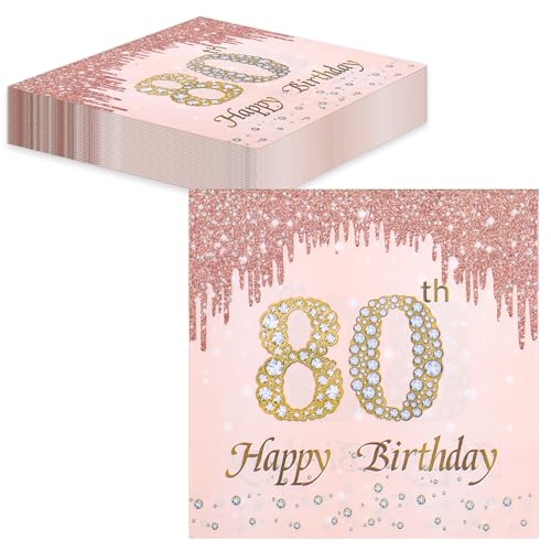 TOPWAYS 80 Geburtstagsdeko Servietten 60 Stück, Roségold Papier Party Servietten Tischdeko für 80. Geburtstag Mädchen Frau Frauen Party Happy Birthday Servietten Decorations (80) von TOPWAYS