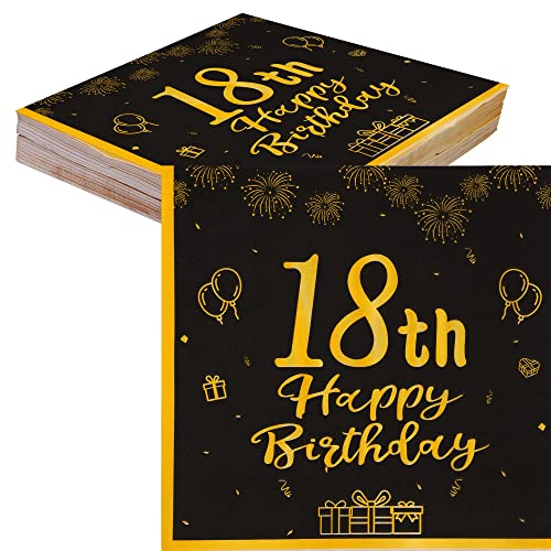 TOPWAYS 18 Geburtstagsdeko Servietten, Schwarz Gold Papier Party Servietten Tischdeko für 18. Geburtstag Junge Mädchen Happy Birthday Servietten Decorations 40Stück (18 geburtstag) von TOPWAYS