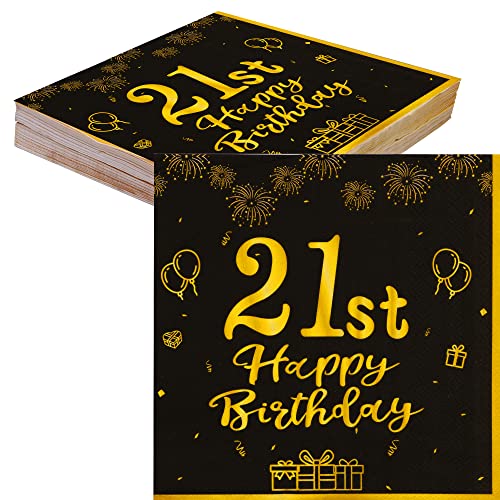 TOPWAYS 21 Geburtstagsdeko Servietten, Schwarz Gold Papier Party Servietten Tischdeko für 21. Geburtstag Junge Mädchen Mann Frau Happy Birthday Servietten Decorations 40 Stück (21 geburtstag) von TOPWAYS