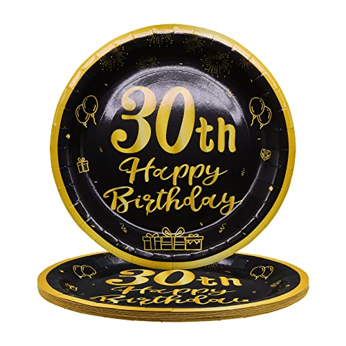 TOPWAYS 30 Geburtstagsdeko Schwarz Gold Pappteller, 9 Zoll 23cm Einweg Papier Party Geschirr Teller Tischdeko für 30 Geburtstag Mann Frau Happy Birthday Decorations 24 Stück (30 geburtstag, 9 Zoll) von TOPWAYS