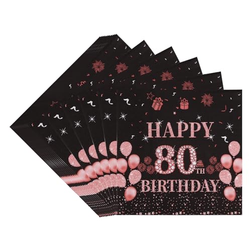 TOPWAYS 80 Geburtstagsdeko Servietten, 40Stück Schwarz Roségold Papier Party Servietten Tischdeko für Sie 80. Geburtstag Frau Frauen Mama Happy Birthday Servietten Deko (Servietten Geburtstag 80) von TOPWAYS