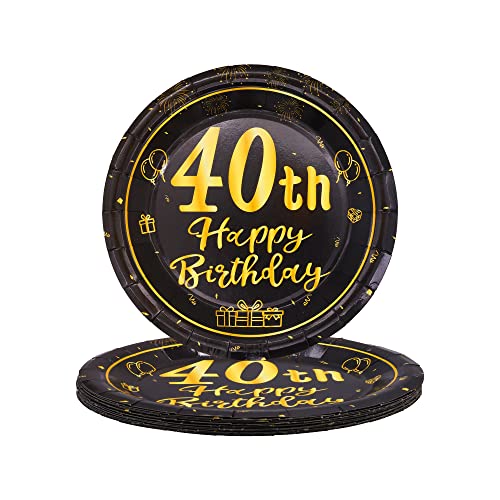 TOPWAYS 40 Geburtstagsdeko Schwarz Gold Pappteller, 7Zoll 18cm Einweg Papier Party Geschirr Teller Tischdeko für 40 Geburtstag Mann Frau Happy Birthday Decorations 24 Stück (40 geburtstag, 7 Zoll) von TOPWAYS