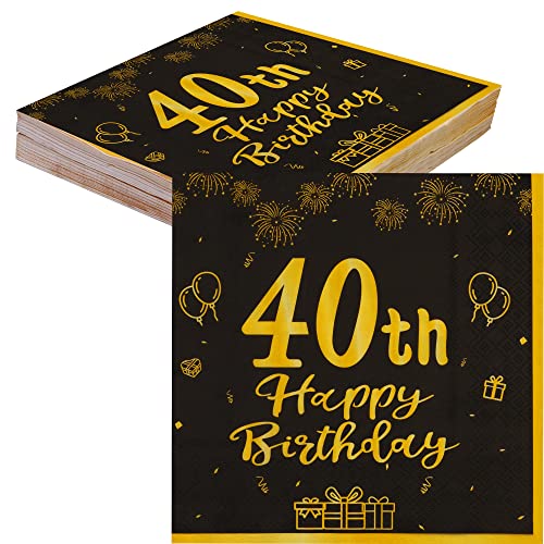 TOPWAYS 40 Geburtstagsdeko Servietten, Schwarz Gold Papier Party Servietten Tischdeko für 40. Geburtstag Mann Frau Happy Birthday Servietten Decorations 40 Stück (40 geburtstag) von TOPWAYS