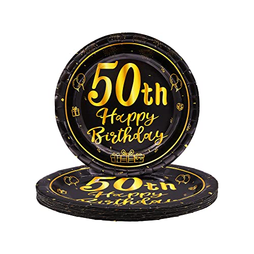 TOPWAYS 50 Geburtstagsdeko Schwarz Gold Pappteller, 7Zoll 18cm Einweg Papier Party Geschirr Teller Tischdeko für 50 Geburtstag Mann Frau Happy Birthday Decorations 24 Stück (50 geburtstag, 7 Zoll) von TOPWAYS