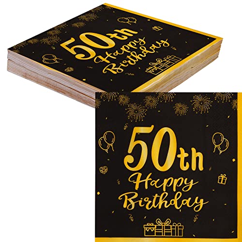 TOPWAYS 50 Geburtstagsdeko Servietten, Schwarz Gold Papier Party Servietten Tischdeko für 50. Geburtstag Mann Frau Happy Birthday Servietten Decorations 40 Stück (50 geburtstag) von TOPWAYS