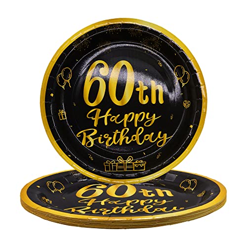 TOPWAYS 60 Geburtstagsdeko Schwarz Gold Pappteller, 9 Zoll 23cm Einweg Papier Party Geschirr Teller Tischdeko für 60 Geburtstag Mann Frau Happy Birthday Decorations 24 Stück (60 geburtstag, 9 Zoll) von TOPWAYS