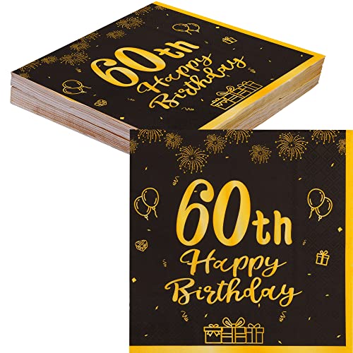 TOPWAYS 60 Geburtstagsdeko Servietten, Schwarz Gold Papier Party Servietten Tischdeko für 60. Geburtstag Mann Frau Happy Birthday Servietten Decorations 40 Stück (60 geburtstag) von TOPWAYS