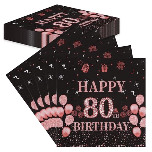 TOPWAYS 80 Geburtstagsdeko Servietten, 60Stück Schwarz Roségold Papier Party Servietten Tischdeko für Sie 80. Geburtstag Mädchen Frau Frauen Happy Birthday Servietten Tischdekoration (Geburtstag 80) von TOPWAYS