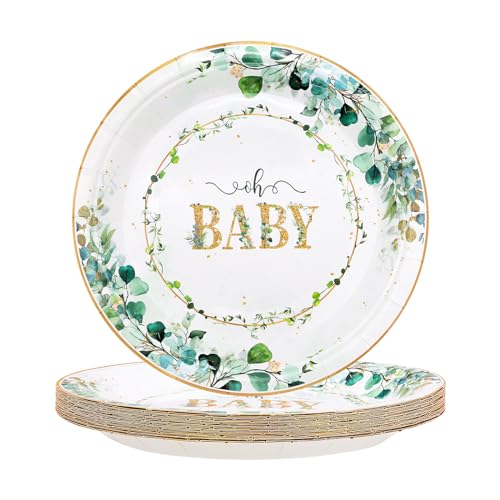 TOPWAYS Babyparty Deko Junge Mädchen Neutral Pappteller, 18cm Grüne Eukalyptus Babyparty Einwegteller Partygeschirr für Junge Mädchen Baby Shower Deko Gender Reveal Party (Teller 7inch 24Stück) von TOPWAYS