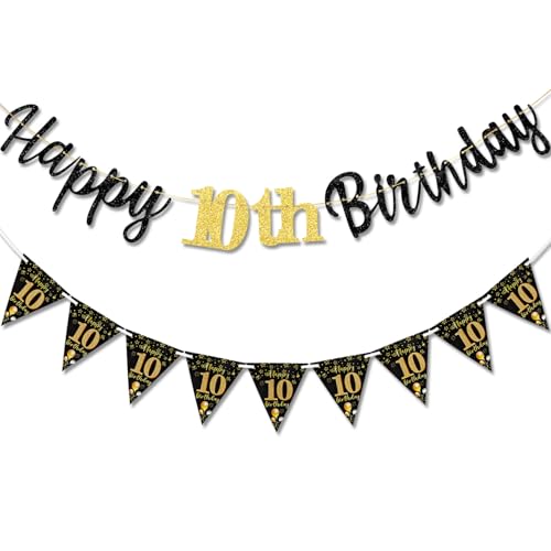 TOPWAYS Deko 10 Geburtstag Banner Mädchen Jungen, Schwarz Gold Geburtstagsdeko 10. Geburtstag Girlande Happy 10 Birthday Banner Wimpelkette für 10Geburtstag Jungen Mädchen Deko (Geburtstag10) von TOPWAYS