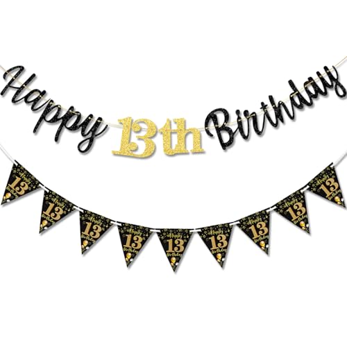 TOPWAYS Deko 13 Geburtstag Banner Frauen Mann, Schwarz Gold Geburtstagsdeko 13. Geburtstag Girlande Happy 13 Birthday Banner Wimpelkette für 13Geburtstag Frauen Männer Deko (Geburtstag13) von TOPWAYS