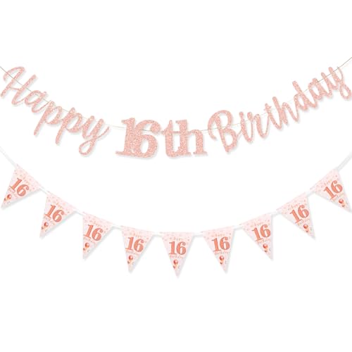 TOPWAYS Deko 16 Geburtstag Banner Mädchen, Happy 16 Birthday Banner Geburtstagsdeko 16. Geburtstag Girlande Wimpelkette für 16Geburtstag Mädchen Deko Roségold (Geburtstag16) von TOPWAYS