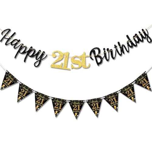 TOPWAYS Deko 21 Geburtstag Banner Frauen Mann, Schwarz Gold Geburtstagsdeko 21. Geburtstag Girlande Happy 21 Birthday Banner Wimpelkette für 21Geburtstag Frauen Männer Deko (Geburtstag21) von TOPWAYS