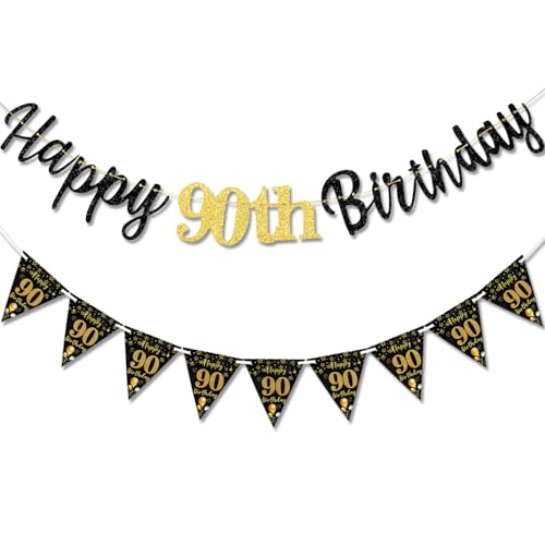 TOPWAYS Deko 90 Geburtstag Banner Frauen Mann, Schwarz Gold Geburtstagsdeko 90. Geburtstag Girlande Happy 90 Birthday Banner Wimpelkette für 90Geburtstag Frauen Männer Deko (Geburtstag90) von TOPWAYS