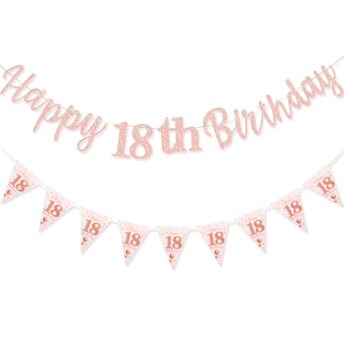 TOPWAYS Deko 18 Geburtstag Banner Mädchen, Happy 18 Birthday Banner Geburtstagsdeko 18. Geburtstag Girlande Wimpelkette für 18Geburtstag Mädchen Deko Roségold (Geburtstag18) von TOPWAYS