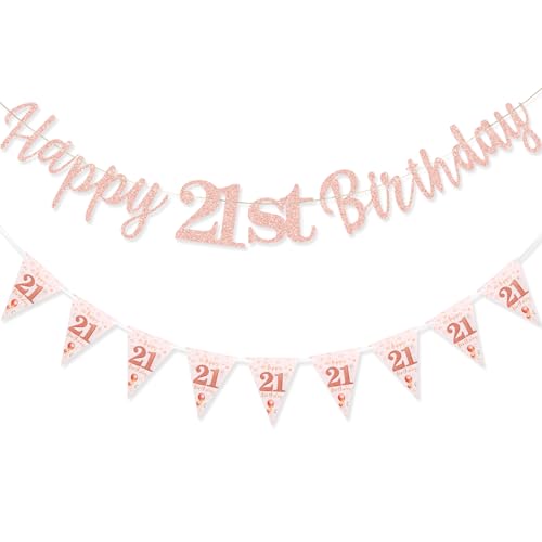 TOPWAYS Deko 21 Geburtstag Banner Mädchen Frauen, Happy 21 Birthday Banner Geburtstagsdeko 21. Geburtstag Girlande Wimpelkette für 21Geburtstag Frauen Mädchen Deko Roségold (Geburtstag21) von TOPWAYS
