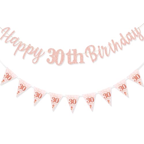 TOPWAYS Deko 30 Geburtstag Banner Frauen, Happy 30 Birthday Banner Geburtstagsdeko 30. Geburtstag Girlande Wimpelkette für 30Geburtstag Frauen Deko Roségold (Geburtstag30) von TOPWAYS