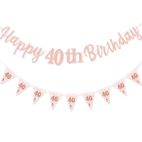 TOPWAYS Deko 40 Geburtstag Banner Mädchen Frauen, Happy 40 Birthday Banner Geburtstagsdeko 40. Geburtstag Girlande Wimpelkette für 40Geburtstag Frauen Mädchen Deko Roségold (Geburtstag40) von TOPWAYS