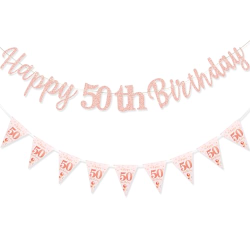 TOPWAYS Deko 50 Geburtstag Banner Frauen, Happy 50 Birthday Banner Geburtstagsdeko 50. Geburtstag Girlande Wimpelkette für 50Geburtstag Frauen Deko Roségold (Geburtstag50) von TOPWAYS