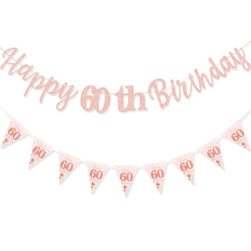 TOPWAYS Deko 60 Geburtstag Banner Frauen, Happy 60 Birthday Banner Geburtstagsdeko 60. Geburtstag Girlande Wimpelkette für 60Geburtstag Frauen Deko Roségold (Geburtstag60) von TOPWAYS
