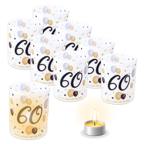 TOPWAYS Deko 60 Geburtstag Mann Frau, 8pcs Tischdeko Geburtstag Kerzen Windlicht Cover, Anniversary 60. Geburtstag Deko Frauen Mann Schön DASS Du Da Bist, für Teelichter oder Kerzen (60 Geburtstag) von TOPWAYS