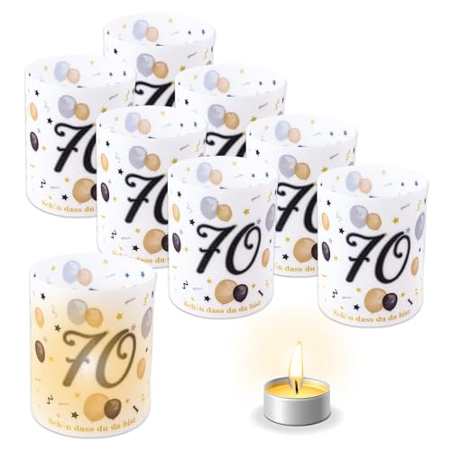 TOPWAYS Deko 70 Geburtstag Mann Frau, 8pcs Tischdeko Geburtstag Kerzen Windlicht Cover, Anniversary 70. Geburtstag Deko Frauen Mann Schön DASS Du Da Bist, für Teelichter oder Kerzen (70 Geburtstag) von TOPWAYS