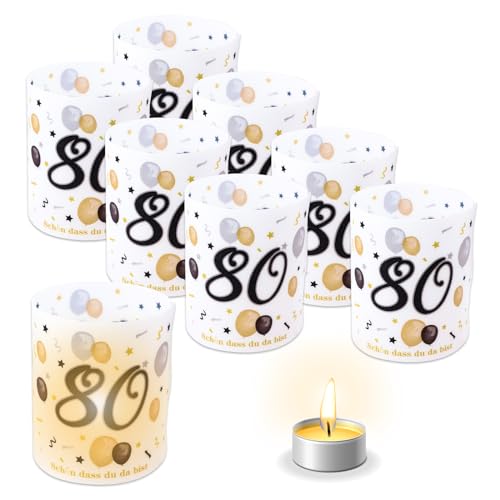 TOPWAYS Deko 80 Geburtstag Mann Frau, 8pcs Tischdeko Geburtstag Kerzen Windlicht Cover, Anniversary 80. Geburtstag Deko Frauen Mann Schön DASS Du Da Bist, für Teelichter oder Kerzen (80 Geburtstag) von TOPWAYS