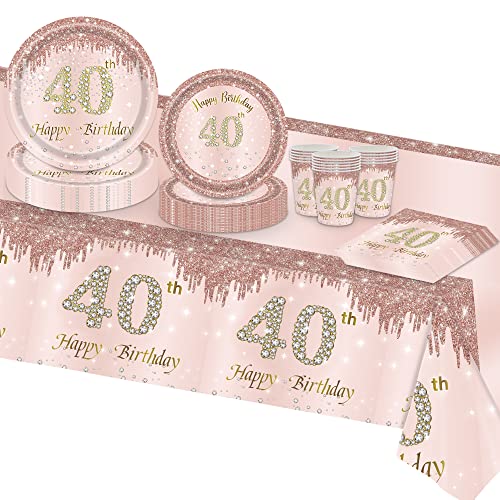 TOPWAYS Roségold 40 Geburtstagsdeko Partygeschirr Set, Einwegteller Pappbecher Servietten Pappteller Tischdecke für Sie Mädchen Frauen 40 Geburtstag Party Dekorationen (16 Gäste) (Geburtstag 40.) von TOPWAYS