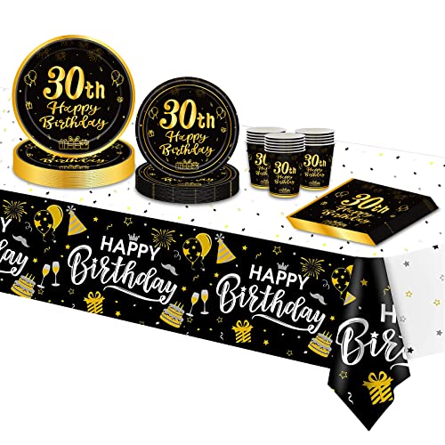 TOPWAYS Schwarz Gold 30 Geburtstagsdeko Partygeschirr Set, 30. Geburtstag Männer Frauen Happy Birthday Decorations Pappteller Einwegteller Tischdecke Pappbecher Servietten (16 Gäste) (30th) von TOPWAYS