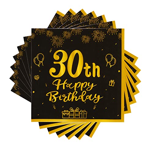 TOPWAYS Schwarz Gold 30 Geburtstagsdeko Servietten, 60Stück Papier Party Servietten Tischdeko für 30. Geburtstag Mann Frau Happy Birthday Servietten Decorations Party Supplies (30) von TOPWAYS