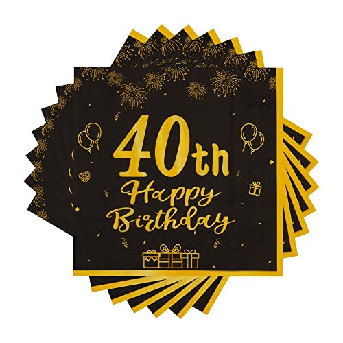 TOPWAYS Schwarz Gold 40 Geburtstagsdeko Servietten, 60Stück Papier Party Servietten Tischdeko für 40. Geburtstag Mann Frau Happy Birthday Servietten Decorations Party Supplies (40 geburtstag) von TOPWAYS