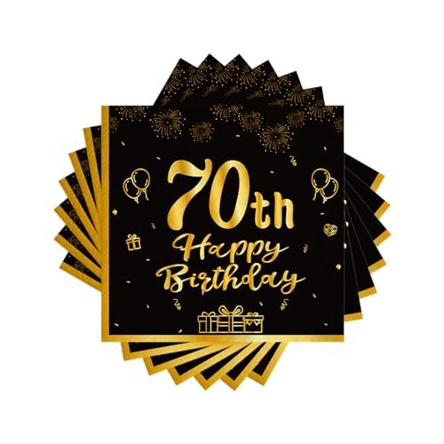 TOPWAYS Schwarz Gold 70 Geburtstagsdeko Servietten, 60Stück Papier Party Servietten Tischdeko für 70. Geburtstag Frau Mann Happy Birthday Servietten Decorations Party Supplies (70) von TOPWAYS