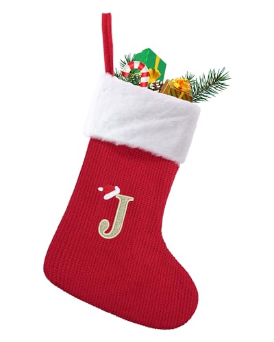 TOPWAYS Weihnachtsstrümpfe, mittelgroß, gestrickt, mit Buchstaben, roter Kamin, hängende Weihnachtsmann-Socken für Weihnachtsdekoration, Weihnachtsgeschenk (J) von TOPWAYS