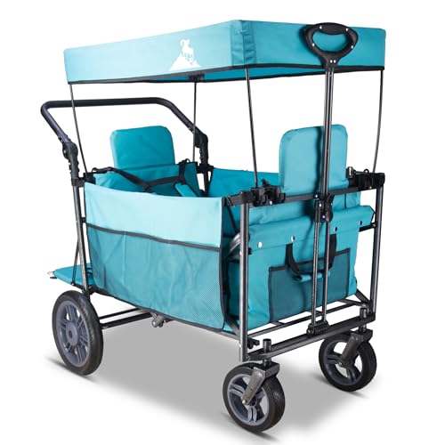 TOPWELL Bollerwagen Faltbar mit Dach, Multifunktionaler Transport-Handwagen mit Bremsen, Sitzen, Sicherheitsgurten, Vorderrädern 360°, Tragfähigkeit 120kg (himmelblau) von TOPWELL