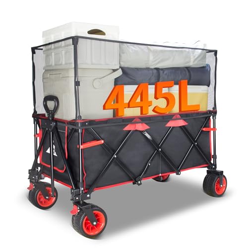 TOPWELL Bollerwagen faltbar mit Dach Handwagen Transportkarre Gerätewagen-10CM Breite Räder-445I großes Fassungsvermögen mit Bremse Verstellbarem Griff-für Camping Einkaufen (Schwarz/Rot) von TOPWELL