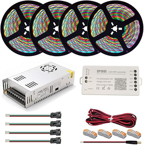 TOPXCDZ WS2812B WS2812 IndividuaIIy AddressabIe RGB-LED-Lichtstreifen, 20 m, Kit DC 5 V, LED-Transformator-Netzteil SP108E WiFi ControIIer (IP65 wasserdicht, 60 LEDs, weiße Leiterplatte) von TOPXCDZ
