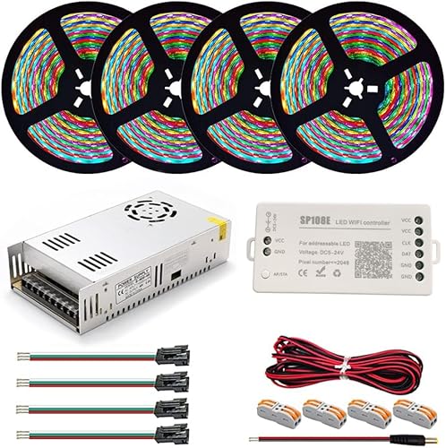 TOPXCDZ WS2812B WS2812 IndividuaIIy AddressabIe RGB-LED-Lichtleiste, 20 m, DC5 V, LED-Transformator, Netzteil, SP108E WiFi-Steuerung, IP65 wasserdicht, 60 LEDs, weiße Leiterplatte von TOPXCDZ