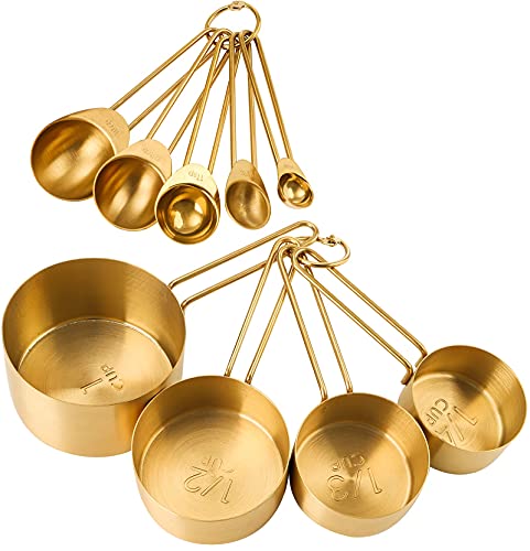 TOPZEA 9 Stück Edelstahl Messbecher und Löffel, Messbecher und Messlöffel Set mit Messung Stapelbar Küche Kochen Backen Utensilien für trockene und flüssige Zutaten, Gold von TOPZEA