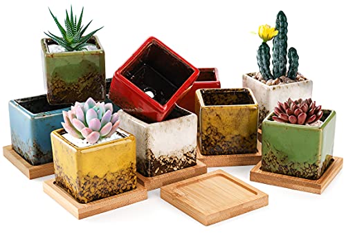 TOPZEA Set mit 10 Sukkulenten-Blumentöpfen, 5.1 cm, quadratisch, Keramik, glasiert, Kaktus-Pflanztöpfe, winzige Blumenbehälter mit Ablaufloch und Bambus-Tablett, Heimdekoration, Kaffeebar von TOPZEA