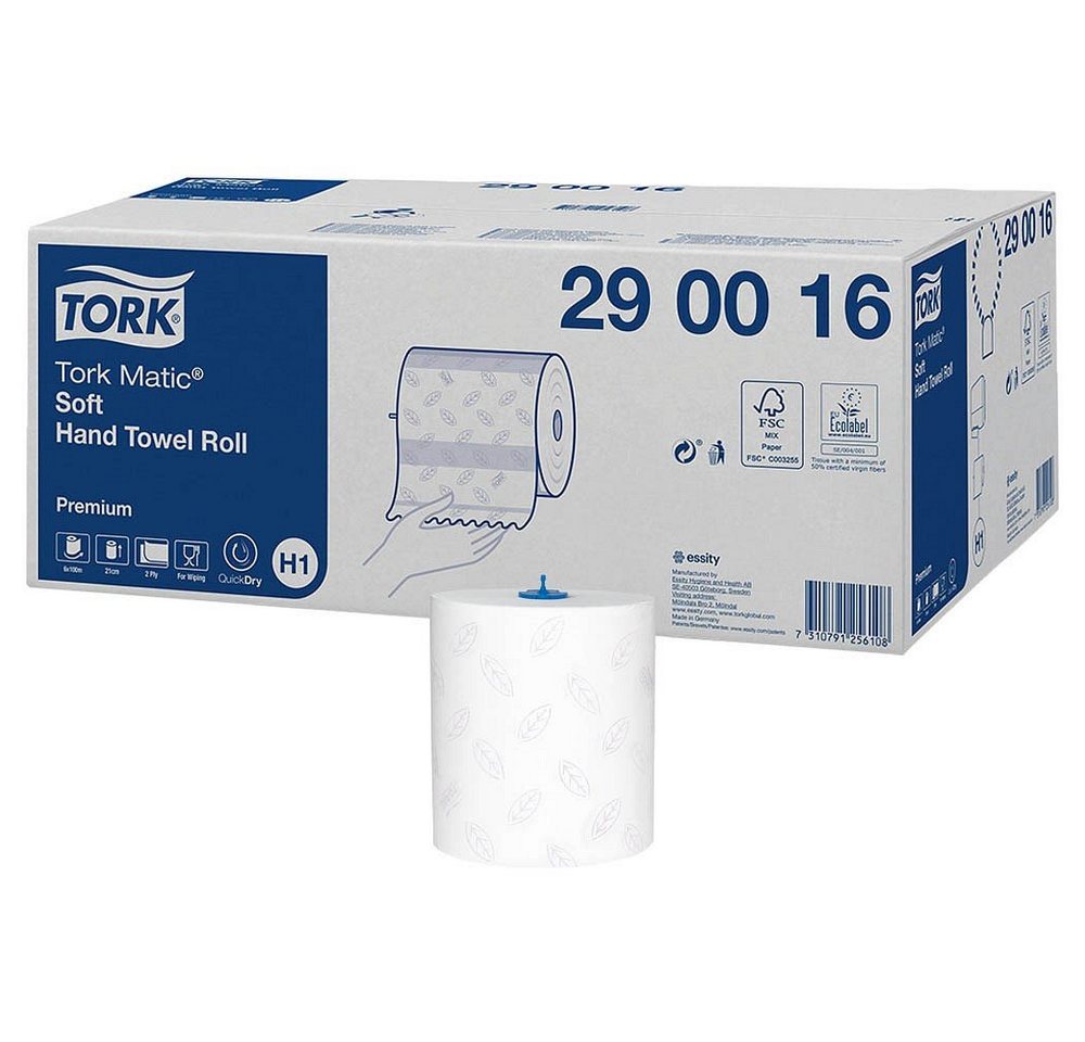 TORK Papierhandtuch 6 Rollenhandtücher Matic® weich Premium 2-lagig - weiß, 2-lagig, Außenabrollung, Lorbeerblatt-Design, Nassfest von TORK
