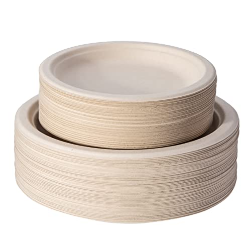 TOROTON 100 Stück Zuckerrohr Bagasse Teller, Wiederverwendbare Party Papierteller für Geburtstage, Hochzeiten, Camping und Picknick, 2 Größen (50 x 23cm, 50 x 18cm), Beige von TOROTON