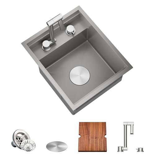TORVA Chrom-Arbeitsstation-Unterbauspüle für Bar-Wohnmobilküche mit eingebautem faltbarem Wasserhahn – 16 Gauge Edelstahl, 38,1 x 45,8 x 22,9 cm von TORVA