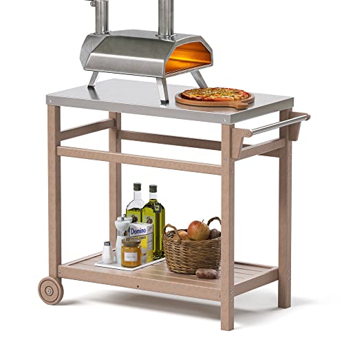 TORVA Kücheninsel Wagen beweglicher Esstisch mit Edelstahl-Metallplatte, Küchen-Lebensmittelzubereitung, für drinnen und draußen (Holz) von TORVA