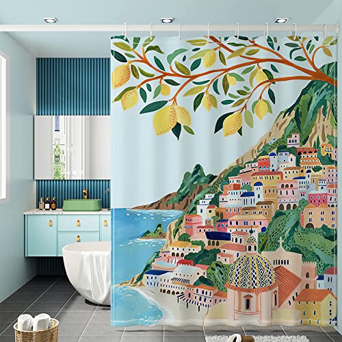 TORYVERESS Positano Duschvorhang, Polyester, Badezimmer-Vorhänge mit Haken, Morandi-Stil, abstrakt, bunt, dekorativ, luxuriös, wasserfest, 152,4 x 183,9 cm von TORYVERESS