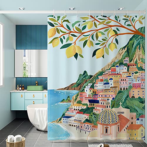 TORYVERESS Positano Duschvorhang, Polyester, Badezimmer-Vorhänge mit Haken, Morandi-Stil, abstrakt, bunt, dekorativ, luxuriös, wasserfest, 183 x 183 cm von TORYVERESS