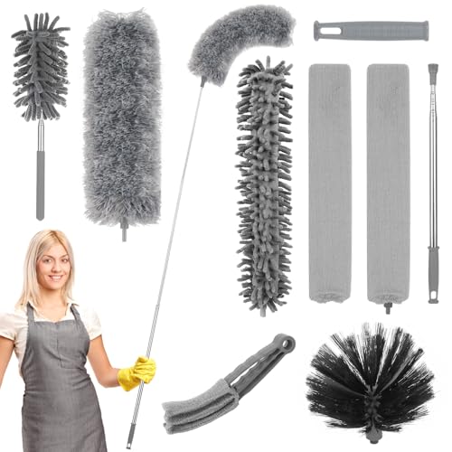 9 Stücke Staubwedel Teleskop Waschbar, Spinnwebenbesen mit Teleskopstange, Staubwedel Lang Ausziehbar bis 2.4m, Waschbar, Staubwischer für Reinigen Decken, Lücken, Spinnweben und Kronleuchter von TOSAVGA